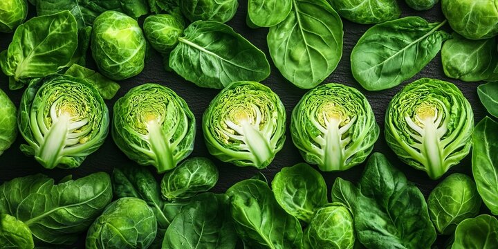 Fresh Raw Green Halved Brussels Sprouts And Spinach Vegetable Leaves Macro Top Down Backdrop Format.