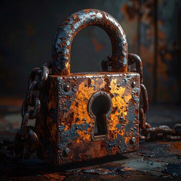 This gritty, dramatic closeup of an antique, rusty padlock and chain evokes powerful feelings of security, secrets, and decay. Ideal for industrial or safety concepts. Nobody.