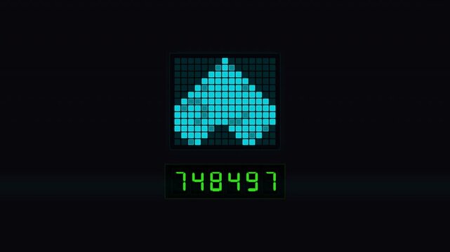 Motion of digital pixelated arrow indicator with changing numerical display in a high-tech environment.