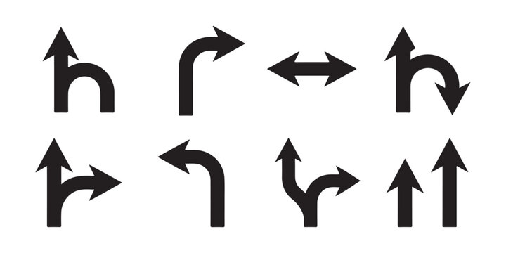 Diverse set of black arrow symbols, including bent and double-headed designs, isolated on transparent.