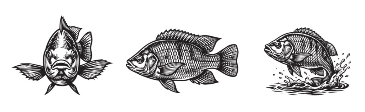 Collection of 3 black and white tilapia fish vector illustrations. Features swimming and jumping freshwater fish in vintage engraving style.