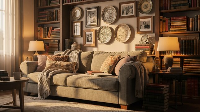 Cozy and inviting living room scene featuring a plush sofa adorned with throw pillows and blankets, surrounded by bookshelves filled with vintage books and decorative plates.