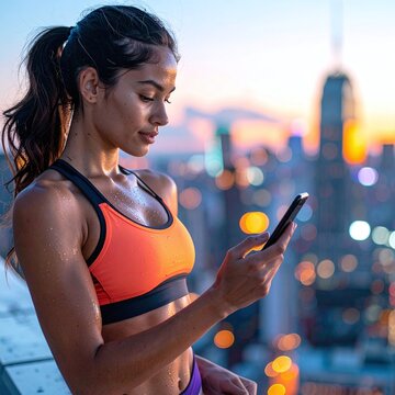 An athletic, sweaty woman checks her fitness progress on a smartphone atop a city rooftop during a golden sunset, capturing a feeling of motivation and a healthy urban lifestyle.