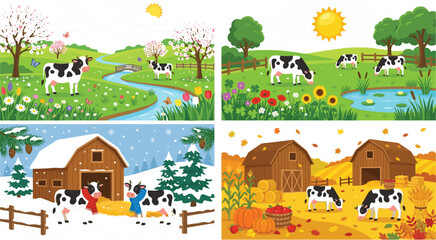 Four seasons cartoon farm landscape set with cows pastures and barns vector © MdAmzad
