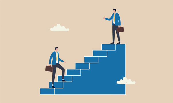 Success reach achievement, stair or ladder of success, self improvement or career development, step to succeed and reach goal concept, businessman begin to walk up stair to thumb up