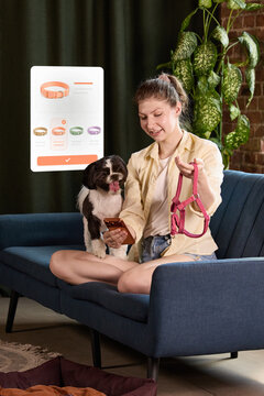 Woman selecting properly fitting dog harness using mobile shopping app. Concept of personalized pet products, custom sizing, product configuration and responsible pet ownership.