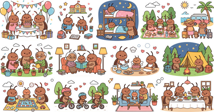 Cute cartoon beetle bug family daily activities and lifestyle vector icon set