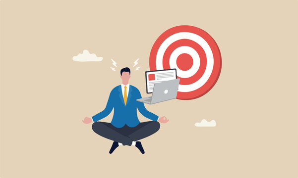 Business guru or, big bullseye target consultant, smart thinking to solve problem concept, genius businessman sitting meditate working with computer laptop floating in the air