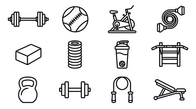 Fitness Equipment Icons: Dumbbell, Kettlebell, Bike, Jump Rope, Bench