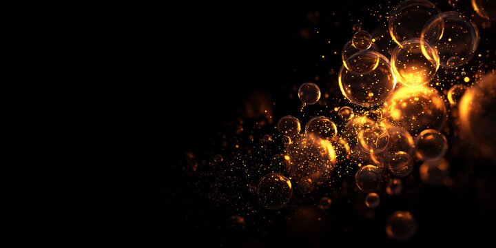 Floating golden glass macro bubbles on black background, sparkling magic bokeh dust for luxury cosmetic design overlay