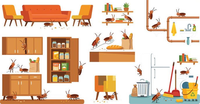 Household cockroach infestation areas and pest control flat vector cartoon element set