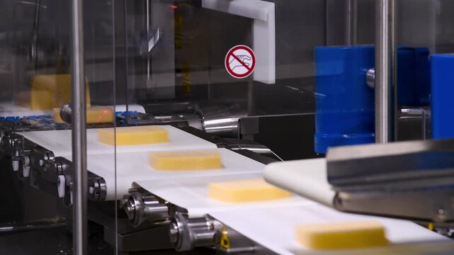 Conveyor belt with pieces of yellow cheese moving on it.