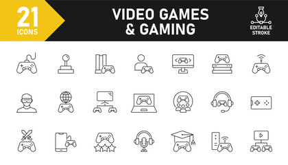 Video games and gaming line icon set. Set of 21 outline icons related to video games, gaming, joystick, console, controller, game and others. Editable stroke. Vector illustration. © Yunus