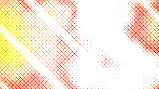 Dynamic red and yellow diagonal halftone grid pattern on a bright white background.