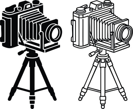 Classic vintage folding camera with bellows lens on a sturdy tripod for professional studio photography illustration