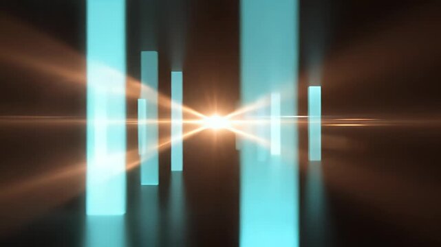 Abstract, glowing, turquoise pillars stand in a dark, reflective space with a bright orange light flare