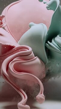 Vertical video: Colliding pink and mint fluid forms unfolding in studio, releasing mist