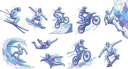 Obraz premium Abstract geometric low poly extreme sports athletic characters vector illustration element set