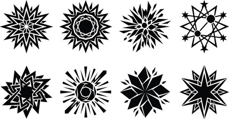 Obraz premium Geometric Star Icon Set – Abstract Sparkle, Crystal and Sunburst Shape Collection