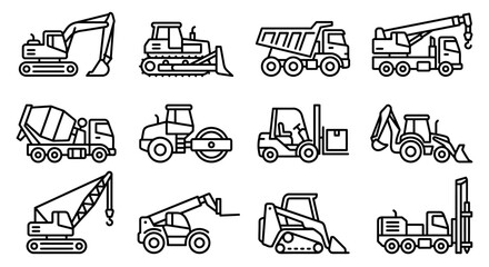 Construction Vehicles Icons Set: Excavator, Bulldozer, Dump Truck, Crane, Mixer © dinny