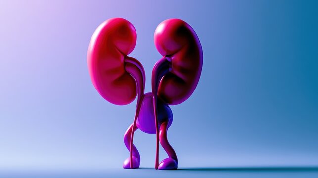 Chronic kidney disease symptoms. 3D render of human kidneys with ureters on a blue to purple gradient background.