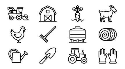 Farm Icons Set: Tractor, Barn, Goat, Chicken, Harvester, Carrot, Rake, Hay Bale © dinny