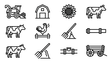 Farm Icons: Combine Harvester, Barn, Sunflower, Cow, Rooster, Pitchfork, Pipe, Cart © dinny