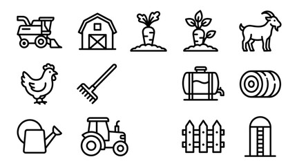 Farm Icons Set: Tractor, Barn, Combine, Chicken, Goat, Carrot, Rake, Hay Bale, Silo © dinny