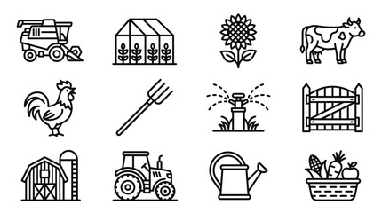 Farming Icons Set: Tractor, Barn, Cow, Rooster, Combine Harvester, Greenhouse, Garden © dinny