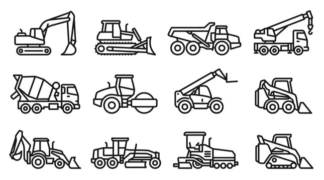 Construction Vehicle Icons: Excavator, Bulldozer, Dump Truck, Crane, Mixer, Roller, Loader, Backhoe