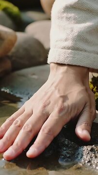 Vertical video: Moving down hand pressing scooping mud at shore, forming mound with longsleeve cuff