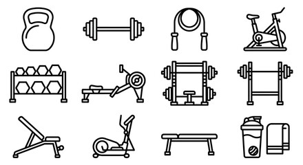 Fitness Equipment Icons: Kettlebell, Dumbbells, Barbell, Jump Rope, Bike, Rower, Weights © dinny