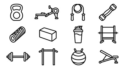 Fitness Equipment Icons: Kettlebell, Rower, Jump Rope, Dumbbell, Barbell, Bench, Ball © dinny