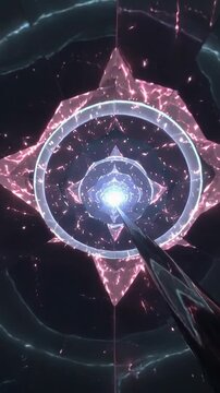 Vertical video: Camera moving inward, core and rings pulsing to activate in shaft, pink arcs, rod