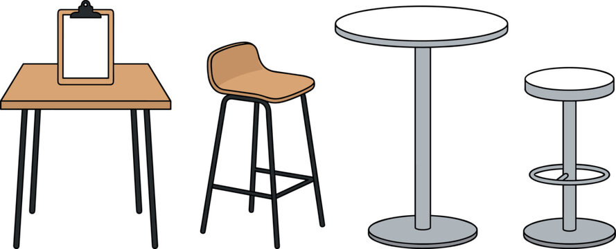 Flat vector illustration of modern bistro bar furniture set including high wooden table with menu clipboard upholstered stool tall round cafe table and metal barstool