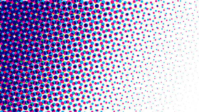 Colorful round dots halftone abstract background, printing color separation. Retro vintage analog illustration.