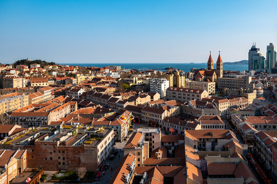 Aerial Panorama of Qingdao Old Town Red Roof Buildings with St. Michael&rsquo;s Cathedral, China