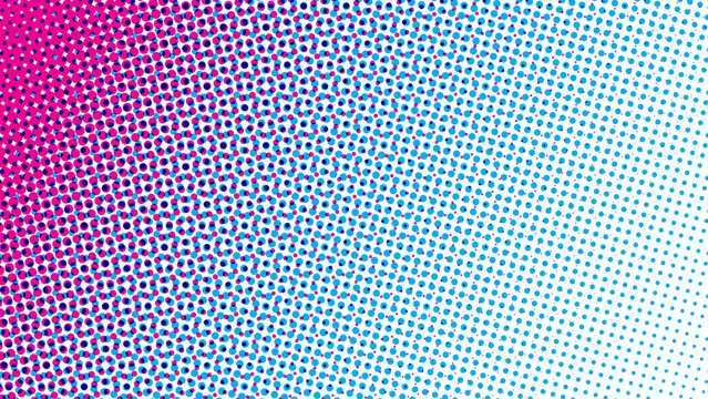 Colorful round blue and magenta dots halftone abstract background, printing color separation. Retro vintage analog illustration.