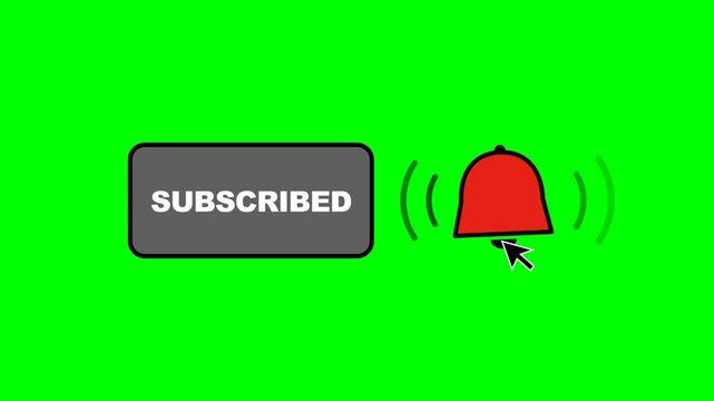 Subscribed button and red notification bell icon with cursor click on green screen background concept