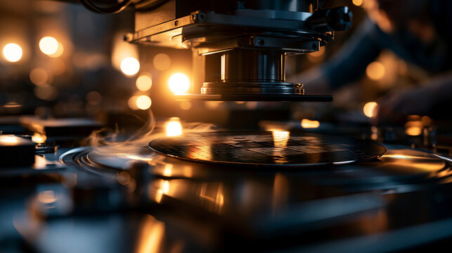 Silicon wafer during a photolithography process inside a complex chip production machine bright clean optics chamber patterned disc under an exposure head photolithography