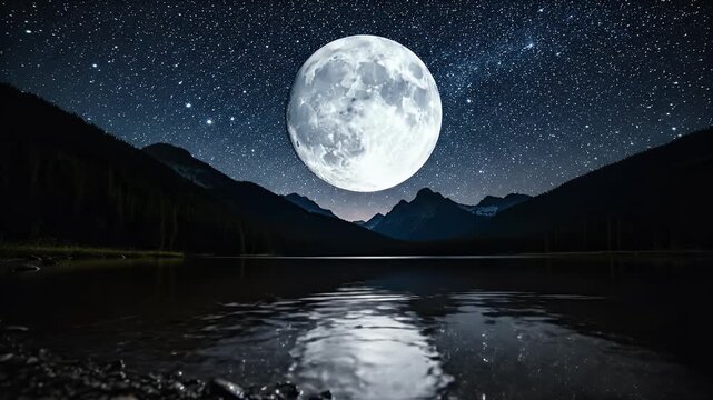Vast night sky with a bright full moon above mountains reflected in a dark lake