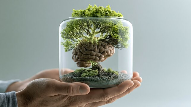 Hands Holding a Glass Jar with a Human Brain Growing into a Lush Green Tree - Mental Wellness Concept