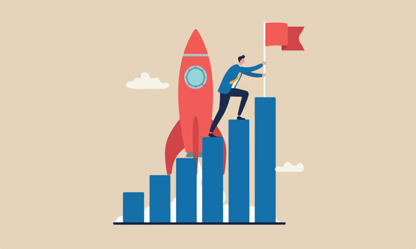 Achievement rocket business success, reaching goal or target, challenge career growth concept, success businessman climbing growth bar graph to the top to stab down winning flag