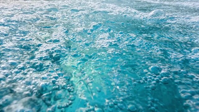 Close-up view of bright blue bubbling water filled with bubbles.