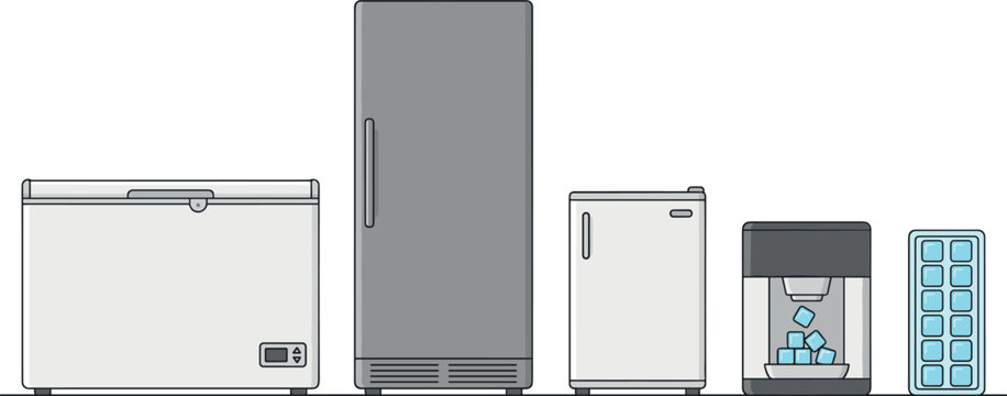 Flat vector illustration of kitchen cooling appliances set including deep chest freezer tall refrigerator mini fridge tabletop ice maker machine and ice cube tray