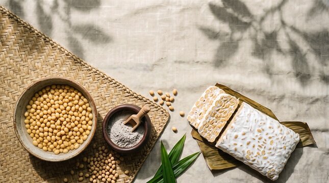 Sliced Tempeh and Soybeans with Flour on Rustic Woven Mat Background