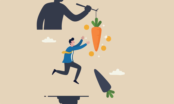 Motivation employee influence people or manipulation concept, seduced businessman jump in the air to catch tempting carrot baiting lure from the stick