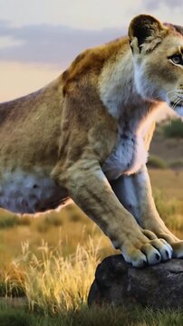 Vertical video: Spotting movement, moving lioness stepping onto rock in grassland at golden hour