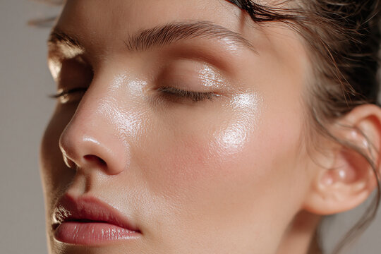 Hydrated glowing skin portrait soft cinematic subtle shine closeup natural makeup serene expression