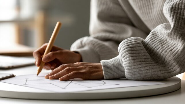 Close up of person drawing geometric shapes on round white canvas with pencil focusing on hand and sleeve in creative modern workspace with soft natural light